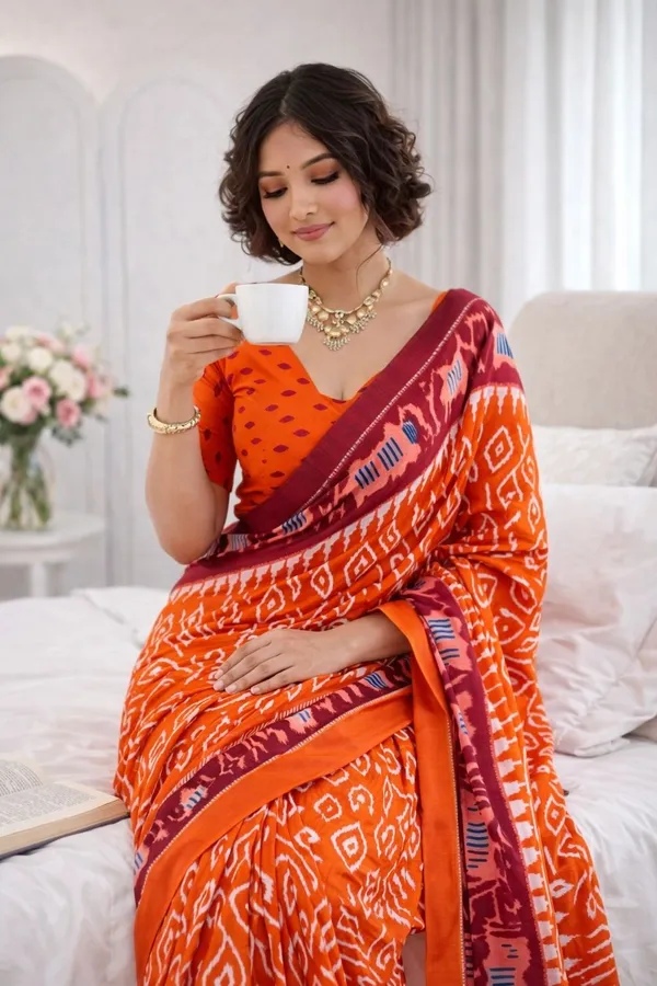 Leelavati_Printed_Floral_Print_Geometric_Print_Blocked_Printed_Ikkat_Pure_Cotton_Saree_Orange