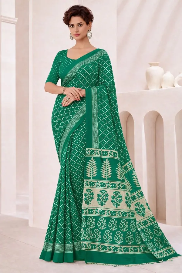 Leelavati_Printed_Floral_Print_Geometric_Print_Blocked_Printed_Ikkat_Pure_Cotton_Saree_Green