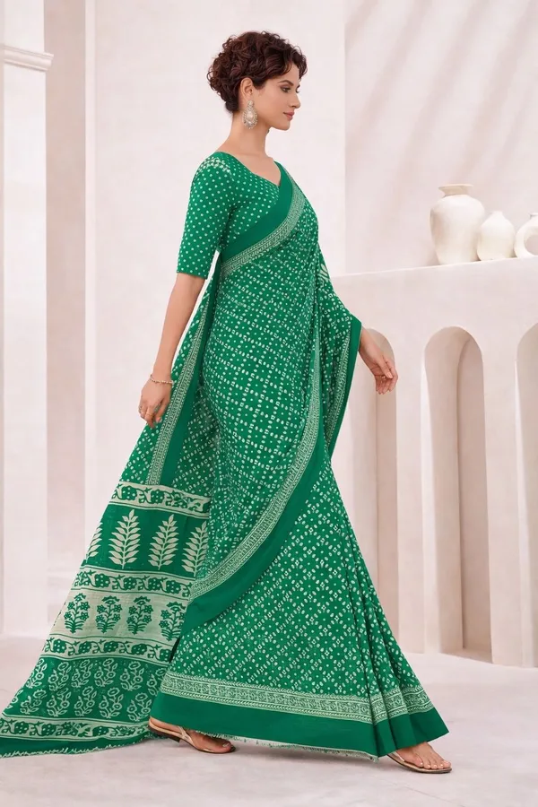 Leelavati_Printed_Floral_Print_Geometric_Print_Blocked_Printed_Ikkat_Pure_Cotton_Saree_Green