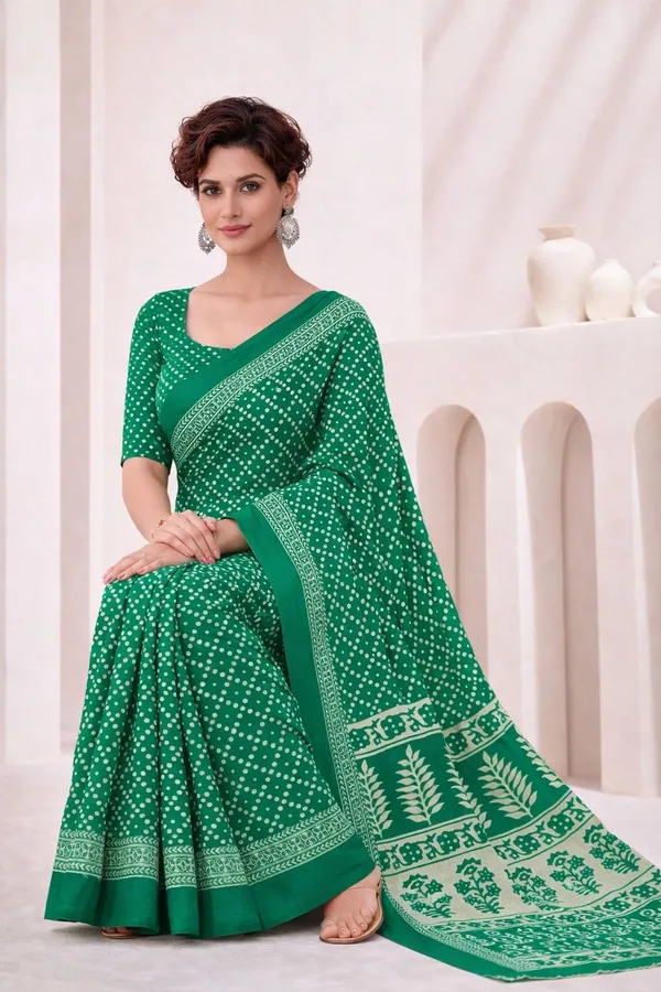 Leelavati_Printed_Floral_Print_Geometric_Print_Blocked_Printed_Ikkat_Pure_Cotton_Saree_Green