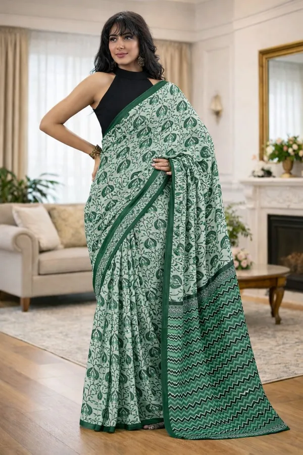 Leelavati_Printed_Ikkat_Pure_Cotton_Saree_Green