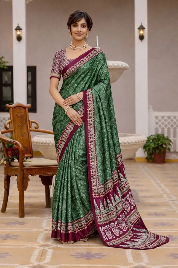 Leelavati_Printed_Floral_Print_Geometric_Print_Blocked_Printed_Ikkat_Pure_Cotton_Saree_Dark_Green