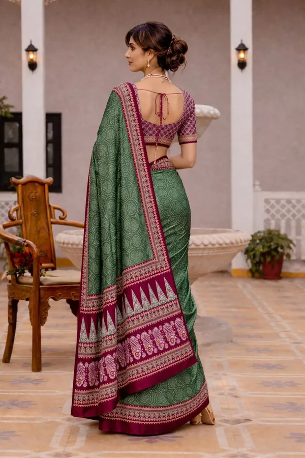 Leelavati_Printed_Floral_Print_Geometric_Print_Blocked_Printed_Ikkat_Pure_Cotton_Saree_Dark_Green
