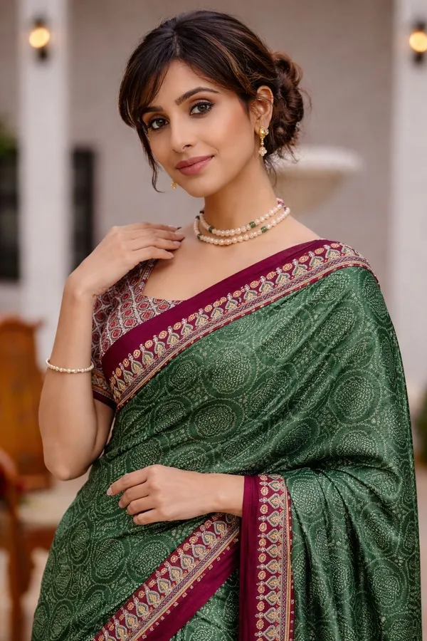 Leelavati_Printed_Floral_Print_Geometric_Print_Blocked_Printed_Ikkat_Pure_Cotton_Saree_Dark_Green
