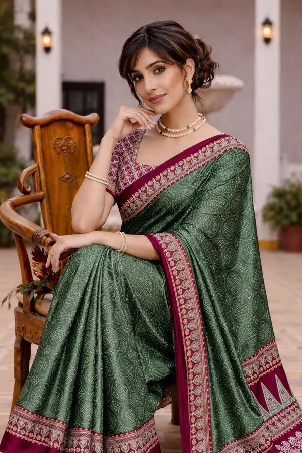 Leelavati_Printed_Floral_Print_Geometric_Print_Blocked_Printed_Ikkat_Pure_Cotton_Saree_Dark_Green