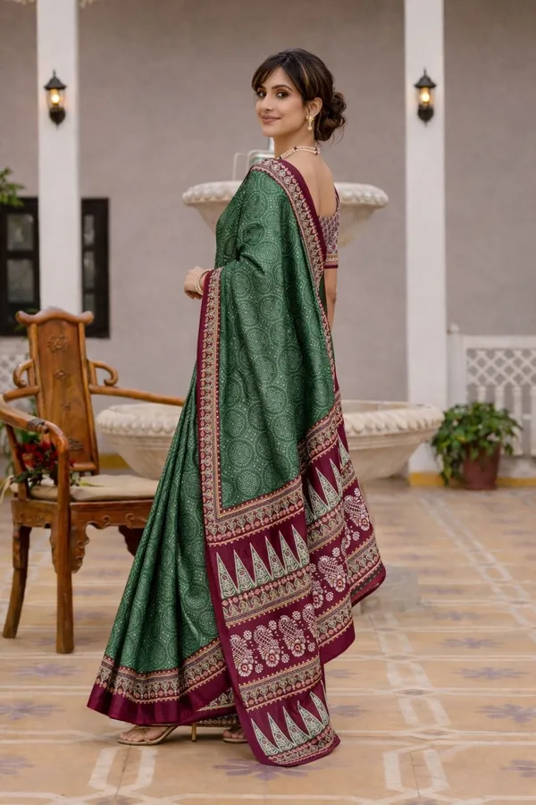 Leelavati_Printed_Floral_Print_Geometric_Print_Blocked_Printed_Ikkat_Pure_Cotton_Saree_Dark_Green