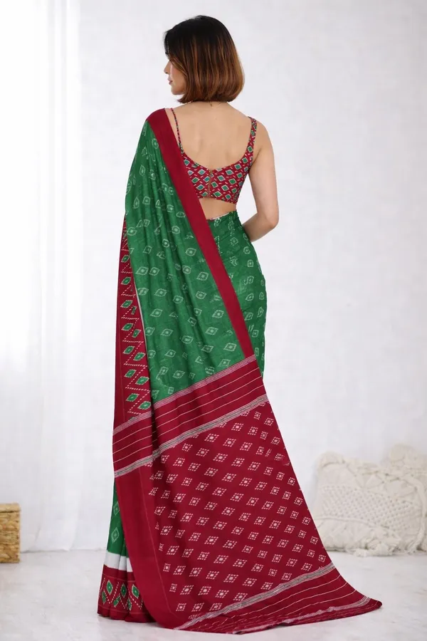 Leelavati_Printed_Floral_Print_Geometric_Print_Blocked_Printed_Ikkat_Pure_Cotton_Saree_Dark_Green