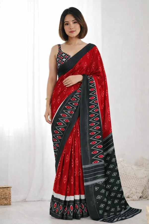 Leelavati_Printed_Floral_Print_Geometric_Print_Blocked_Printed_Ikkat_Pure_Cotton_Saree_Red