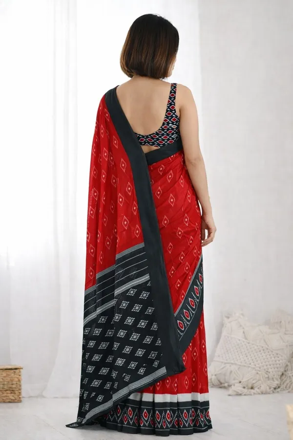 Leelavati_Printed_Floral_Print_Geometric_Print_Blocked_Printed_Ikkat_Pure_Cotton_Saree_Red