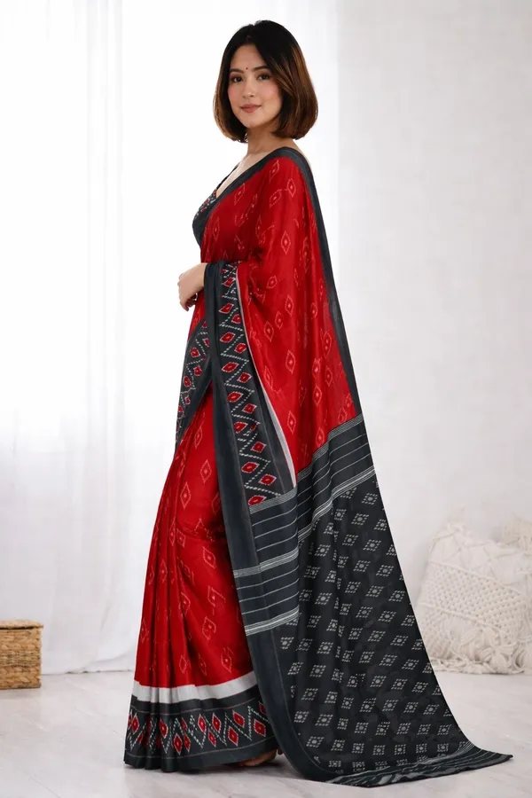 Leelavati_Printed_Floral_Print_Geometric_Print_Blocked_Printed_Ikkat_Pure_Cotton_Saree_Red