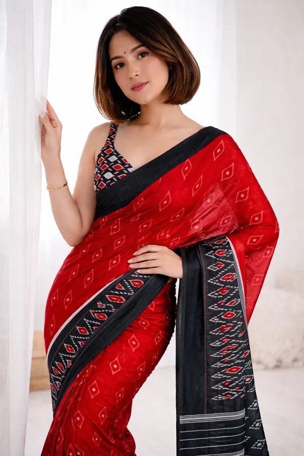 Leelavati_Printed_Floral_Print_Geometric_Print_Blocked_Printed_Ikkat_Pure_Cotton_Saree_Red