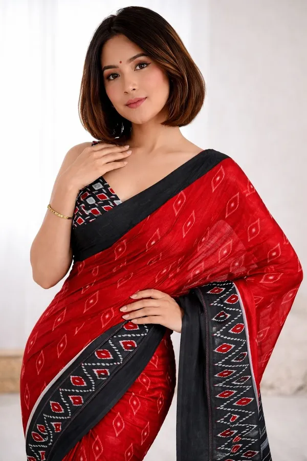 Leelavati_Printed_Floral_Print_Geometric_Print_Blocked_Printed_Ikkat_Pure_Cotton_Saree_Red