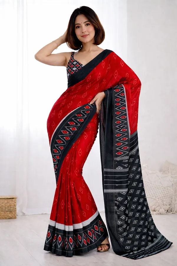 Leelavati_Printed_Floral_Print_Geometric_Print_Blocked_Printed_Ikkat_Pure_Cotton_Saree_Red