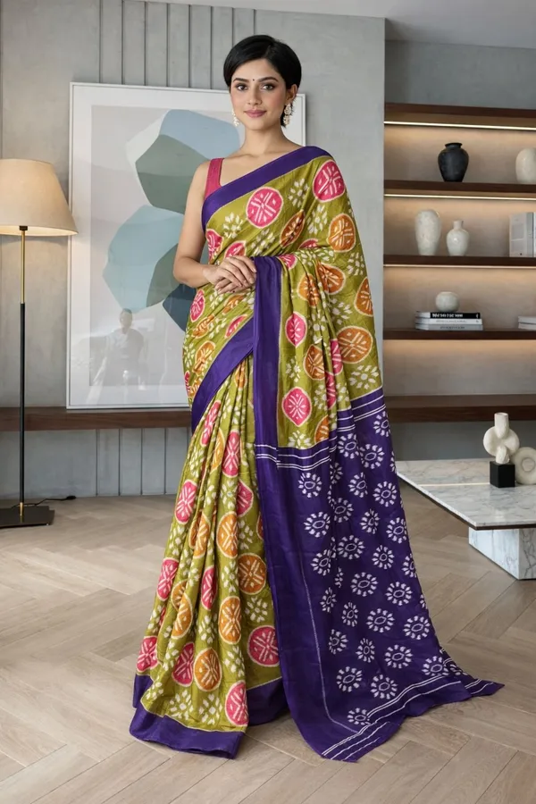 Leelavati_Printed_Floral_Print_Geometric_Print_Blocked_Printed_Ikkat_Pure_Cotton_Saree_Multicolor