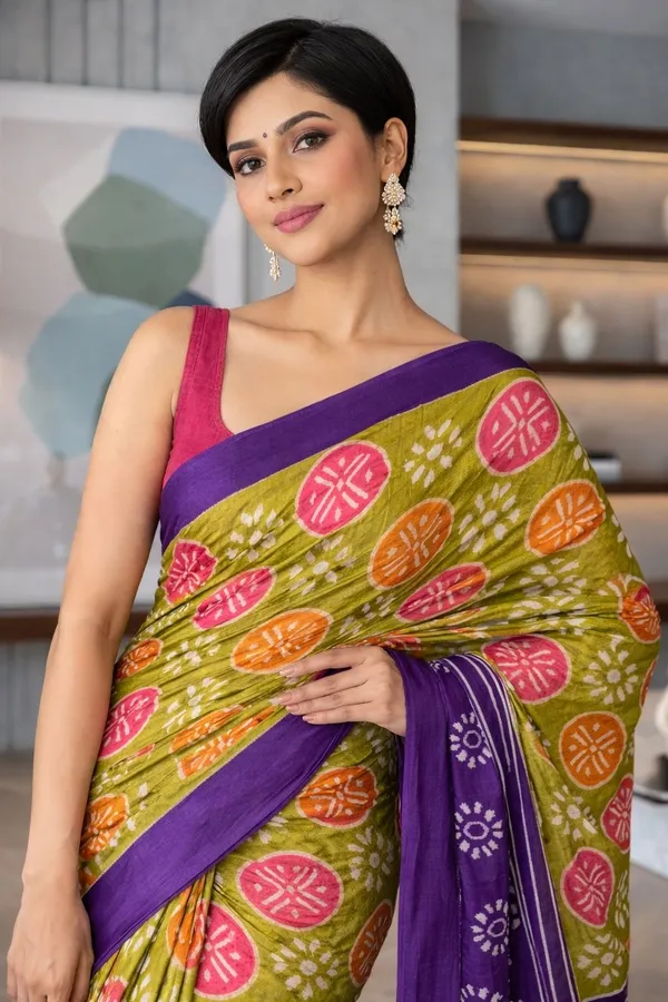 Leelavati_Printed_Floral_Print_Geometric_Print_Blocked_Printed_Ikkat_Pure_Cotton_Saree_Multicolor