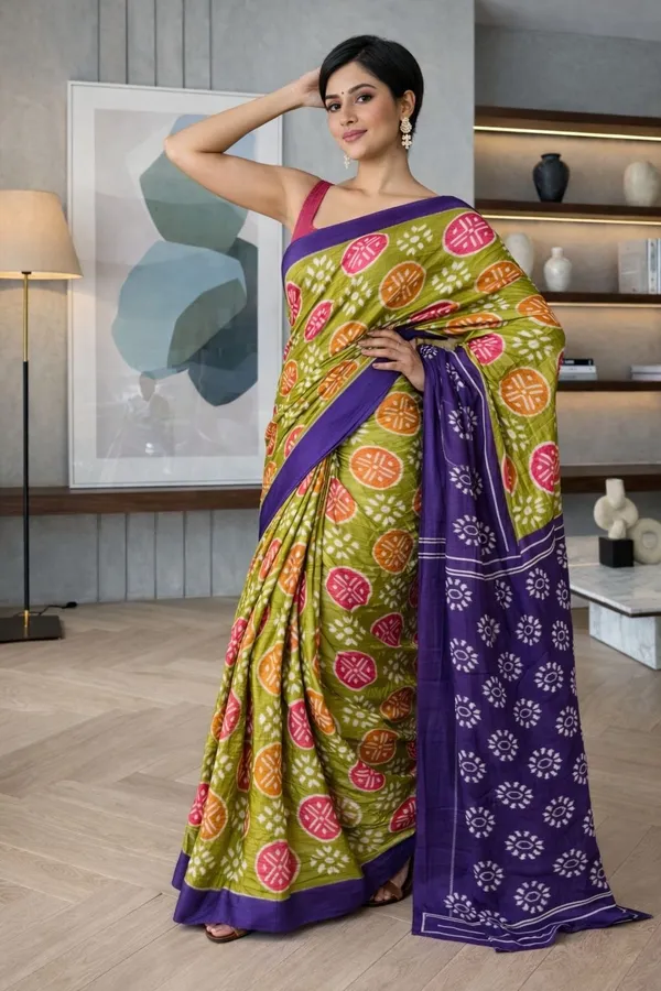Leelavati_Printed_Floral_Print_Geometric_Print_Blocked_Printed_Ikkat_Pure_Cotton_Saree_Multicolor