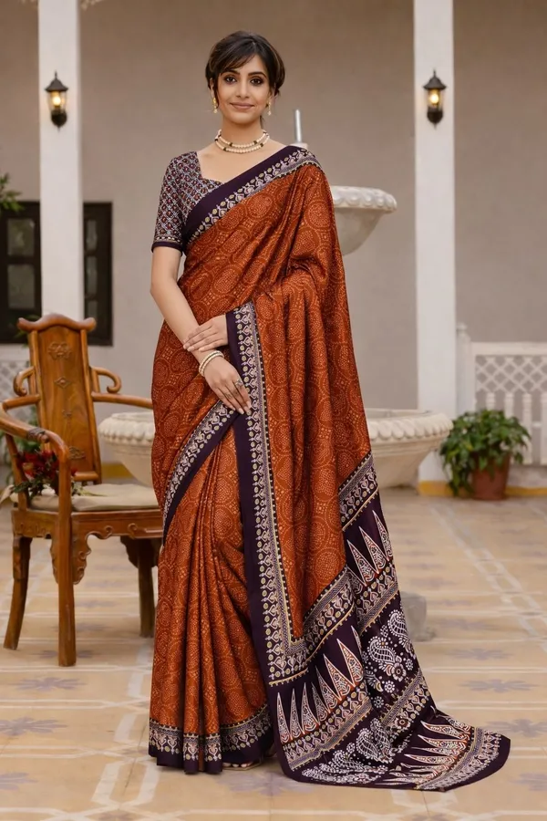 Leelavati_Printed_Floral_Print_Geometric_Print_Blocked_Printed_Ikkat_Pure_Cotton_Saree_Orange