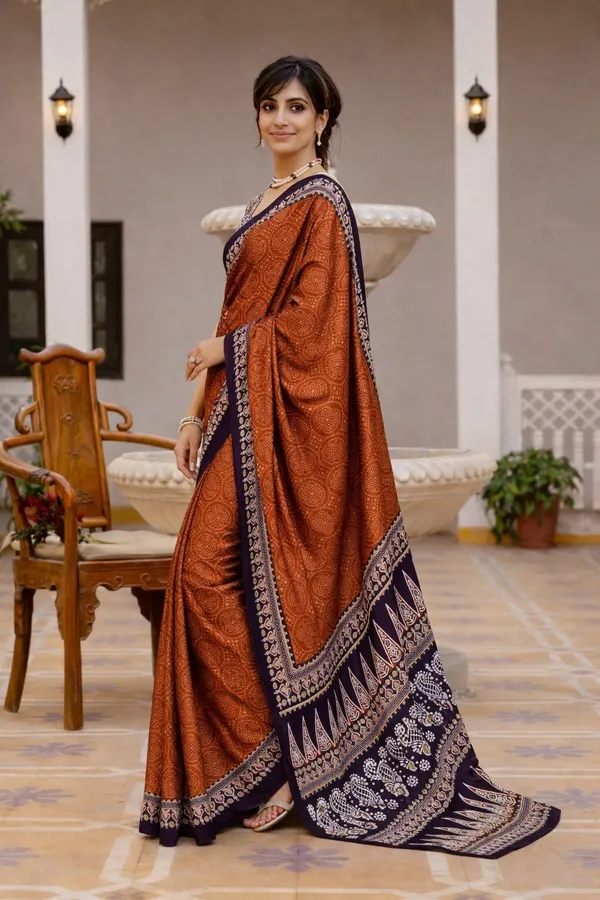 Leelavati_Printed_Floral_Print_Geometric_Print_Blocked_Printed_Ikkat_Pure_Cotton_Saree_Orange