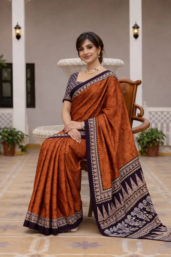Leelavati_Printed_Floral_Print_Geometric_Print_Blocked_Printed_Ikkat_Pure_Cotton_Saree_Orange