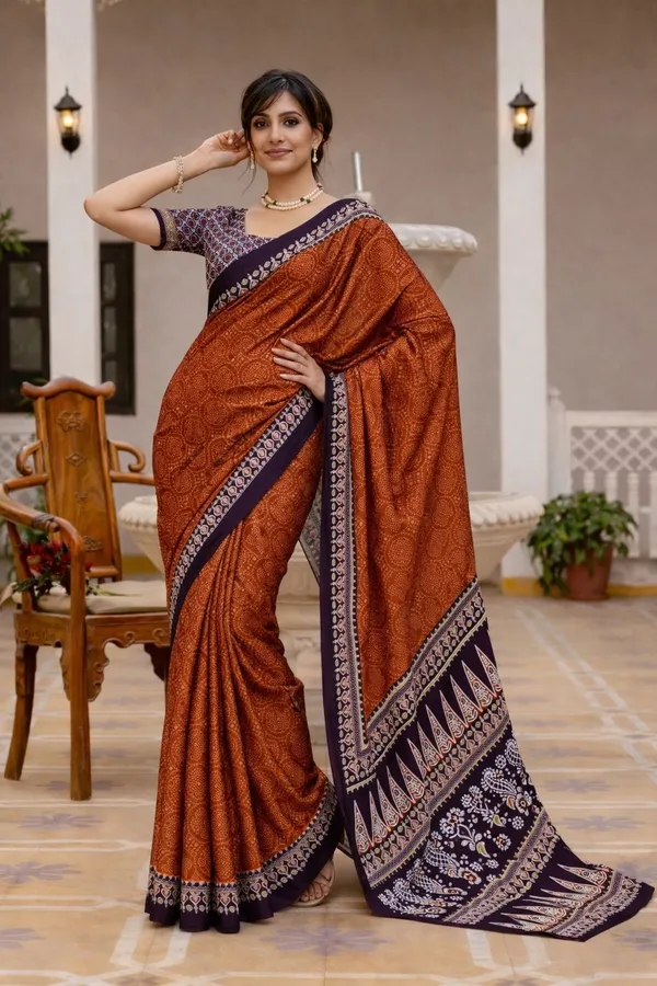 Leelavati_Printed_Floral_Print_Geometric_Print_Blocked_Printed_Ikkat_Pure_Cotton_Saree_Orange