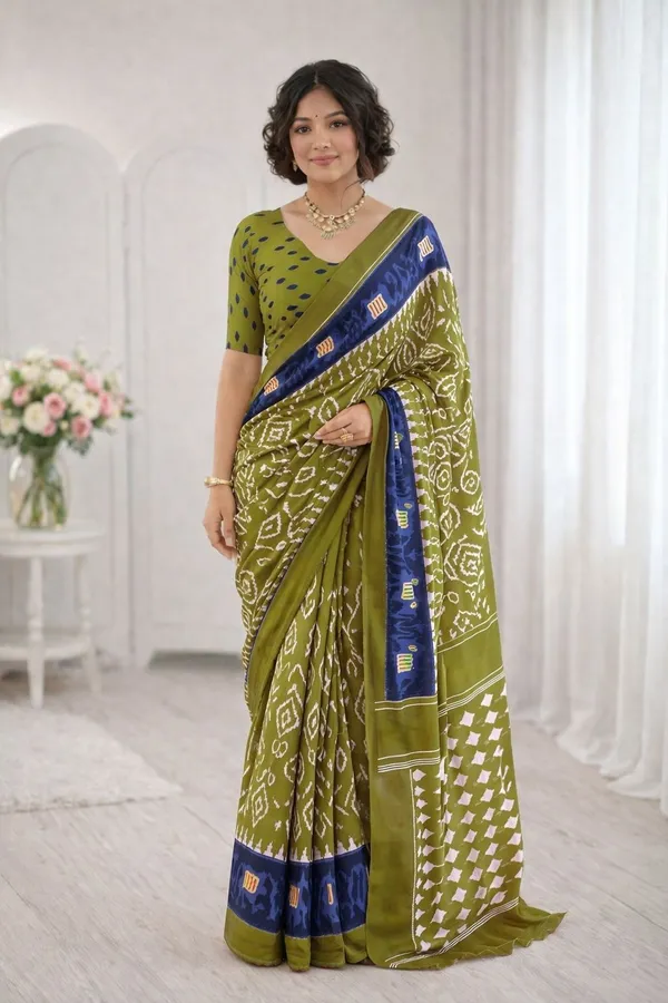 Leelavati_Printed_Floral_Print_Geometric_Print_Blocked_Printed_Ikkat_Pure_Cotton_Saree_Light_Green