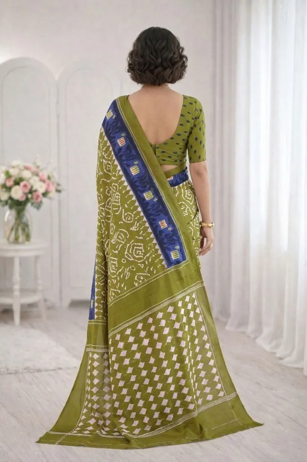 Leelavati_Printed_Floral_Print_Geometric_Print_Blocked_Printed_Ikkat_Pure_Cotton_Saree_Light_Green