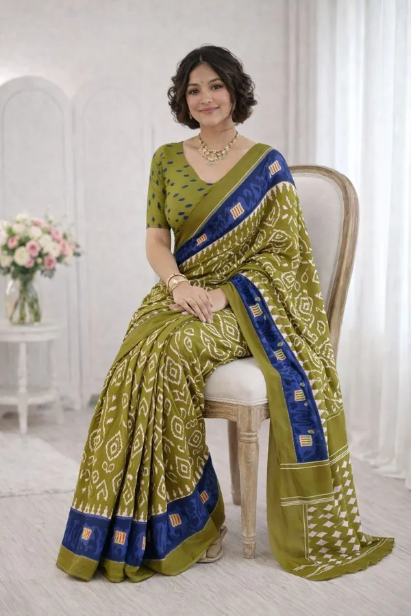 Leelavati_Printed_Floral_Print_Geometric_Print_Blocked_Printed_Ikkat_Pure_Cotton_Saree_Light_Green