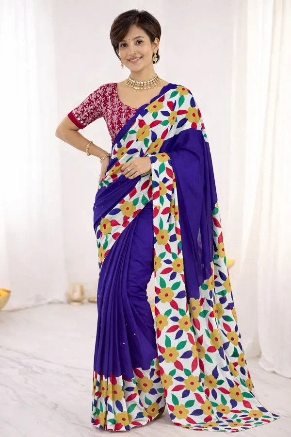 Leelavati_Printed_Floral_Print_Geometric_Print_Blocked_Printed_Ikkat_Pure_Cotton_Saree_Blue