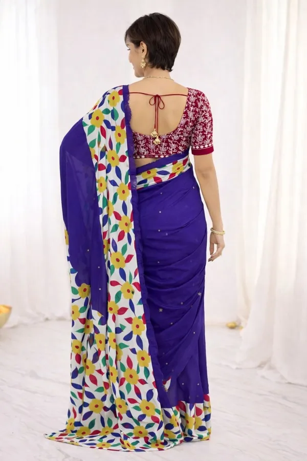 Leelavati_Printed_Floral_Print_Geometric_Print_Blocked_Printed_Ikkat_Pure_Cotton_Saree_Blue