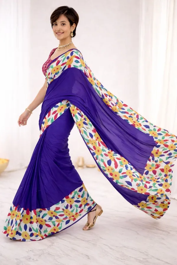 Leelavati_Printed_Floral_Print_Geometric_Print_Blocked_Printed_Ikkat_Pure_Cotton_Saree_Blue