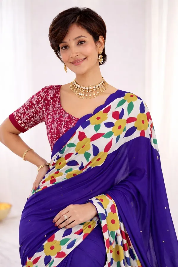Leelavati_Printed_Floral_Print_Geometric_Print_Blocked_Printed_Ikkat_Pure_Cotton_Saree_Blue
