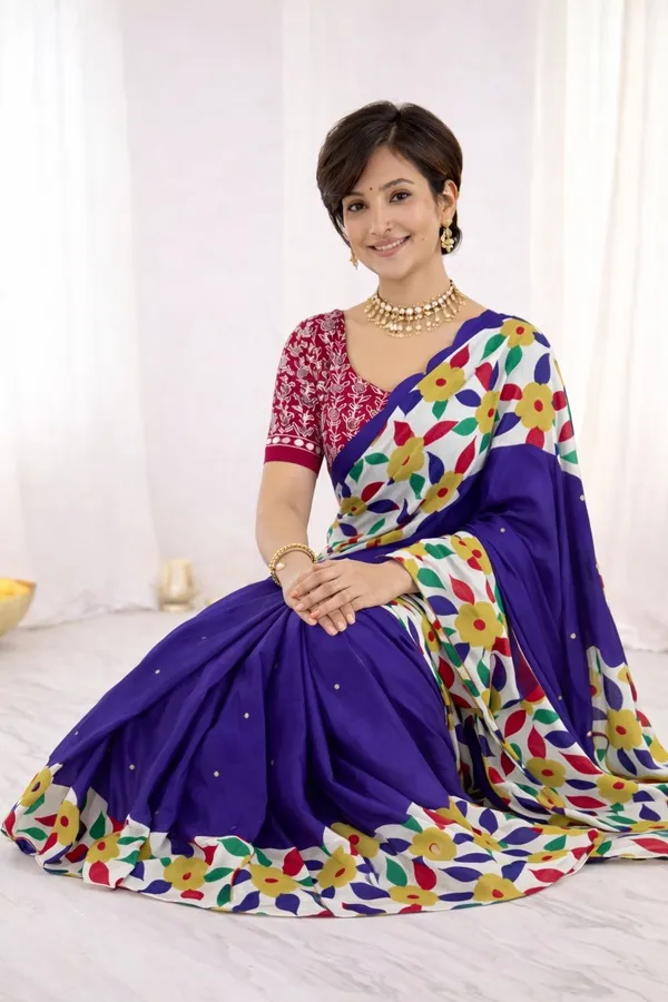 Leelavati_Printed_Floral_Print_Geometric_Print_Blocked_Printed_Ikkat_Pure_Cotton_Saree_Blue