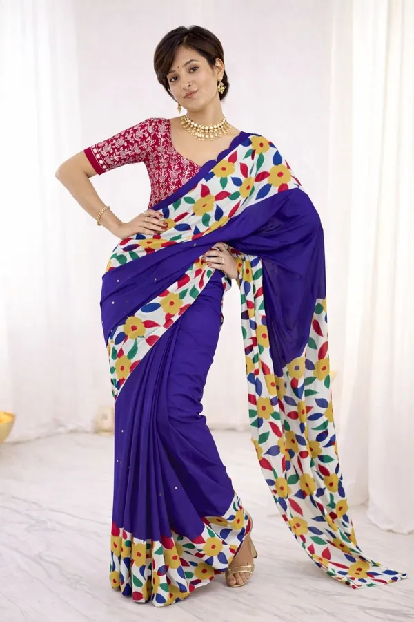 Leelavati_Printed_Floral_Print_Geometric_Print_Blocked_Printed_Ikkat_Pure_Cotton_Saree_Blue