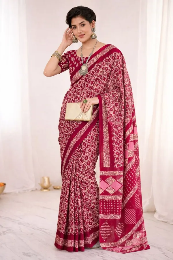 Leelavati_Printed_Floral_Print_Geometric_Print_Blocked_Printed_Ikkat_Pure_Cotton_Saree_Pink