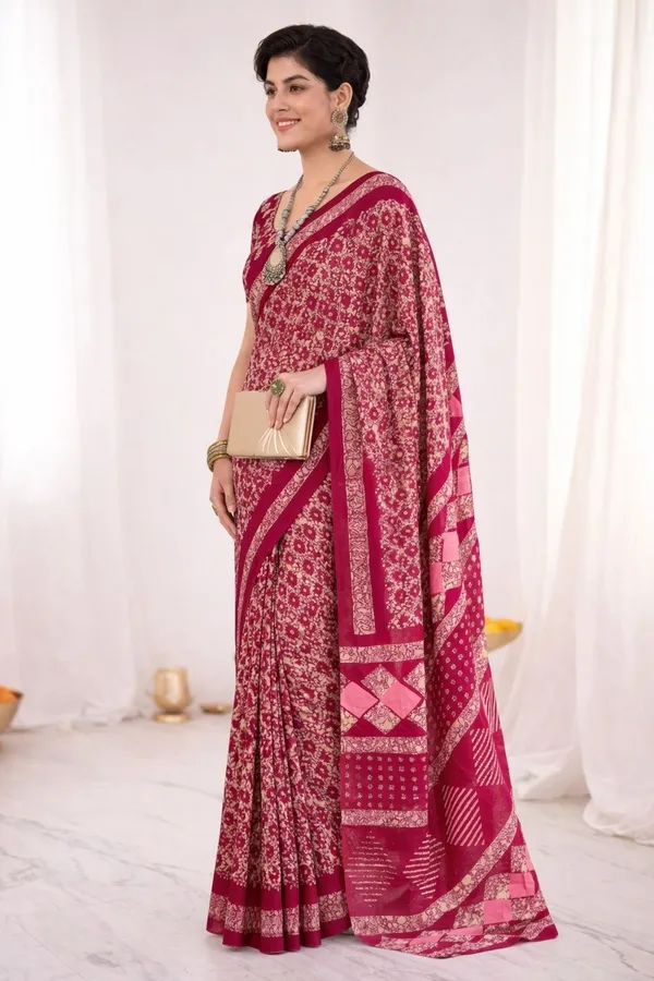 Leelavati_Printed_Floral_Print_Geometric_Print_Blocked_Printed_Ikkat_Pure_Cotton_Saree_Pink