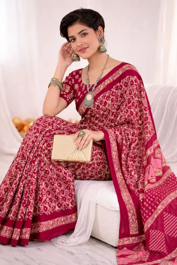 Leelavati_Printed_Floral_Print_Geometric_Print_Blocked_Printed_Ikkat_Pure_Cotton_Saree_Pink