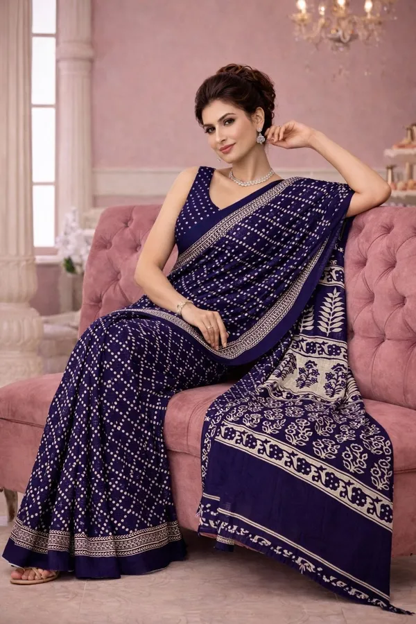 Leelavati_Printed_Floral_Print_Geometric_Print_Blocked_Printed_Ikkat_Pure_Cotton_Saree_Blue