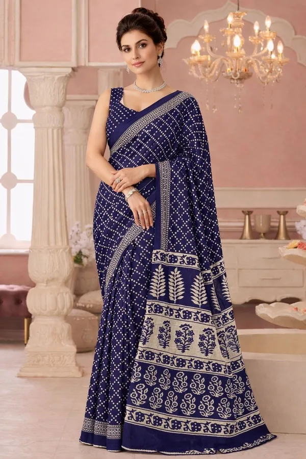 Leelavati_Printed_Floral_Print_Geometric_Print_Blocked_Printed_Ikkat_Pure_Cotton_Saree_Blue