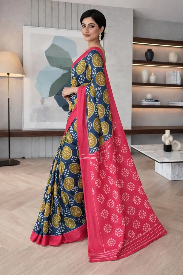 Leelavati_Printed_Floral_Print_Geometric_Print_Blocked_Printed_Ikkat_Pure_Cotton_Saree_Dark_Blue