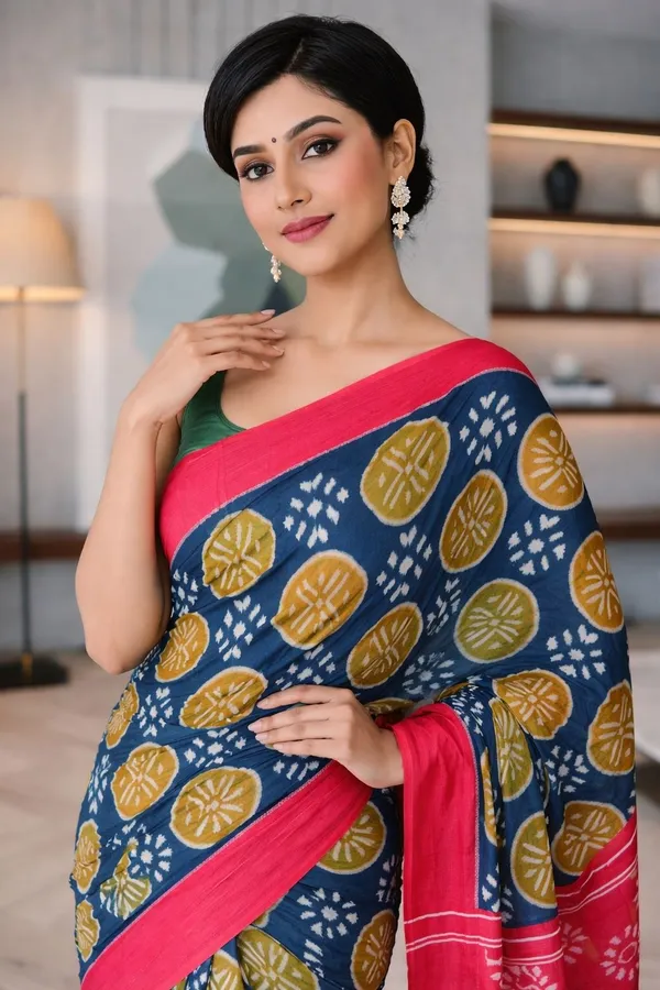 Leelavati_Printed_Floral_Print_Geometric_Print_Blocked_Printed_Ikkat_Pure_Cotton_Saree_Dark_Blue