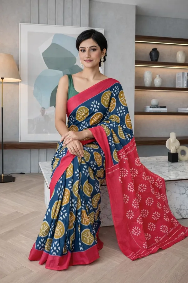 Leelavati_Printed_Floral_Print_Geometric_Print_Blocked_Printed_Ikkat_Pure_Cotton_Saree_Dark_Blue