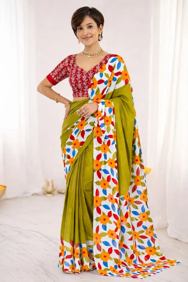 Leelavati_Printed_Floral_Print_Geometric_Print_Blocked_Printed_Ikkat_Pure_Cotton_Saree_Multicolor