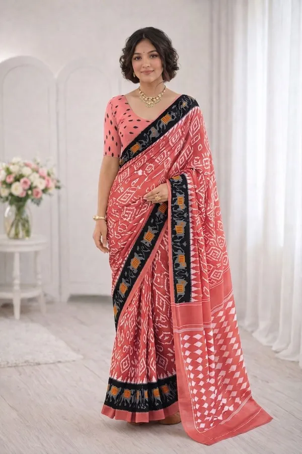Leelavati_Printed_Floral_Print_Geometric_Print_Blocked_Printed_Ikkat_Pure_Cotton_Saree_Pink