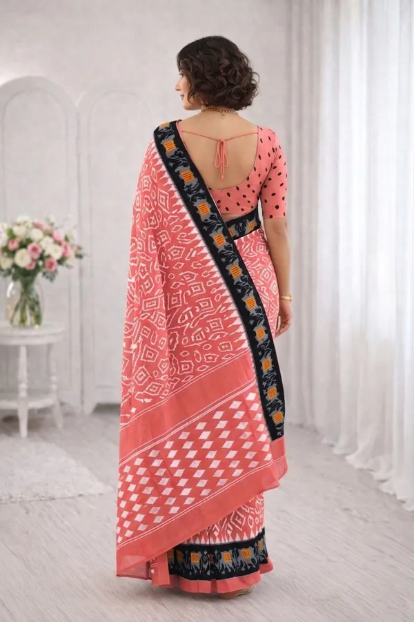 Leelavati_Printed_Floral_Print_Geometric_Print_Blocked_Printed_Ikkat_Pure_Cotton_Saree_Pink