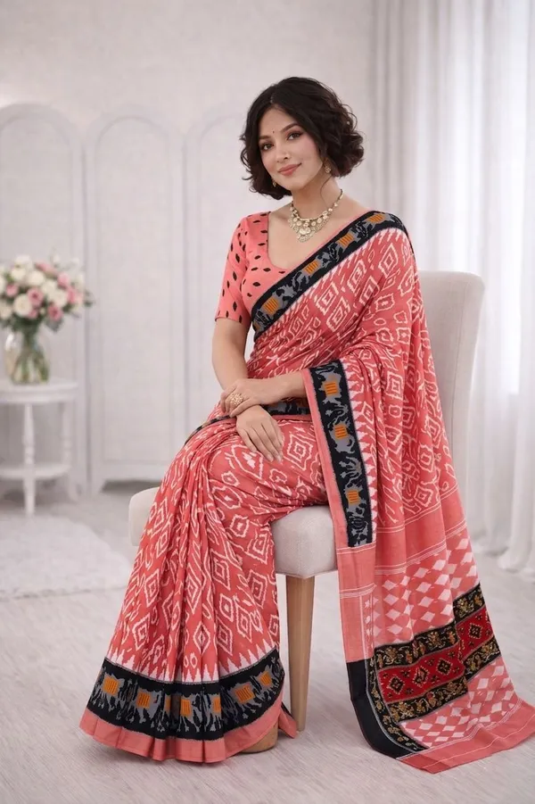 Leelavati_Printed_Floral_Print_Geometric_Print_Blocked_Printed_Ikkat_Pure_Cotton_Saree_Pink