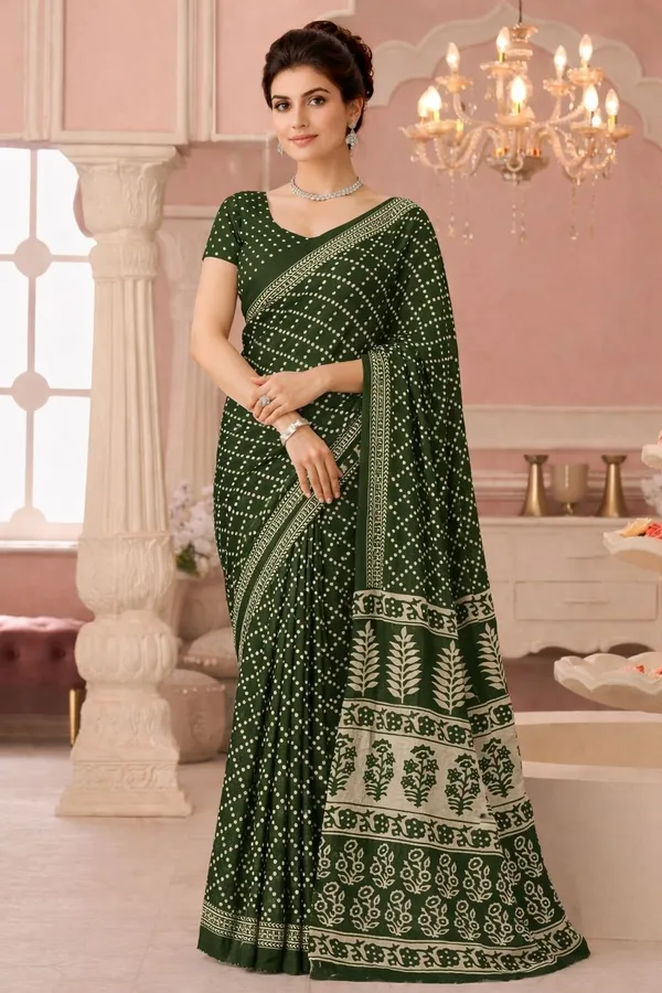Leelavati_Printed_Floral_Print_Geometric_Print_Blocked_Printed_Ikkat_Pure_Cotton_Saree_Green