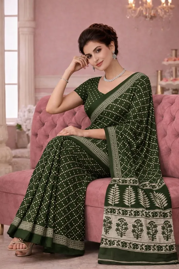 Leelavati_Printed_Floral_Print_Geometric_Print_Blocked_Printed_Ikkat_Pure_Cotton_Saree_Green