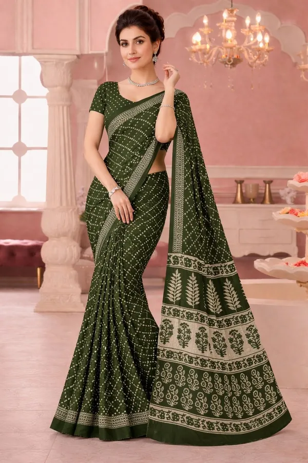Leelavati_Printed_Floral_Print_Geometric_Print_Blocked_Printed_Ikkat_Pure_Cotton_Saree_Green