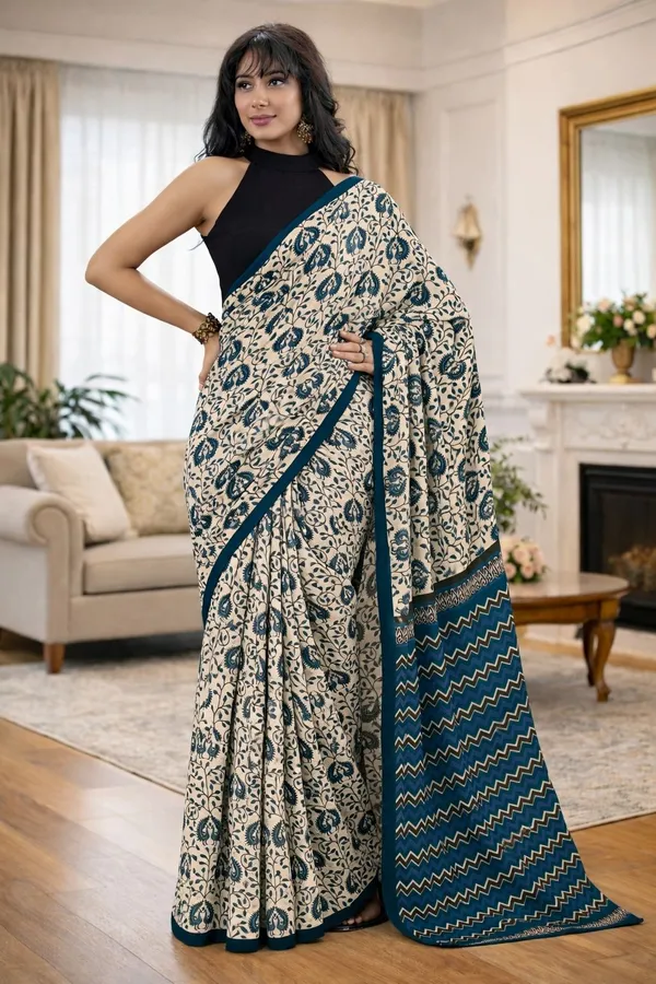 Leelavati_Printed_Floral_Print_Geometric_Print_Blocked_Printed_Ikkat_Pure_Cotton_Saree_Multicolor