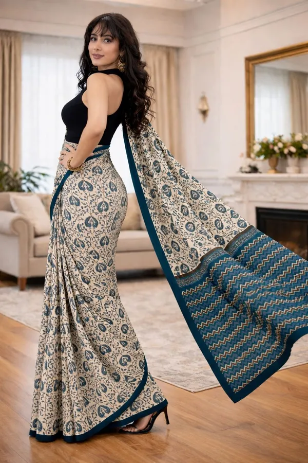 Leelavati_Printed_Floral_Print_Geometric_Print_Blocked_Printed_Ikkat_Pure_Cotton_Saree_Multicolor